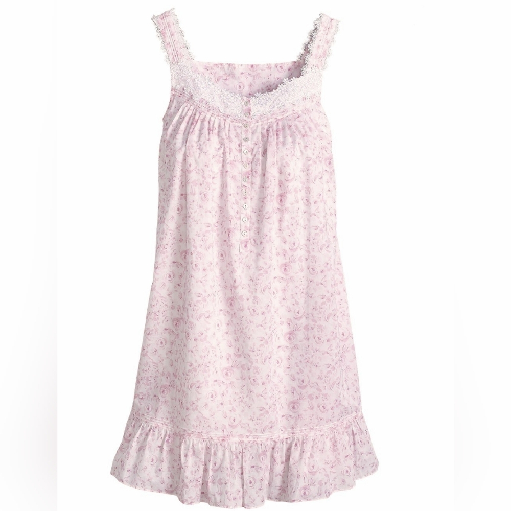 NWT Eileen West Sleeveless Short Nightgown L Gown White Pink Cotton Lawn